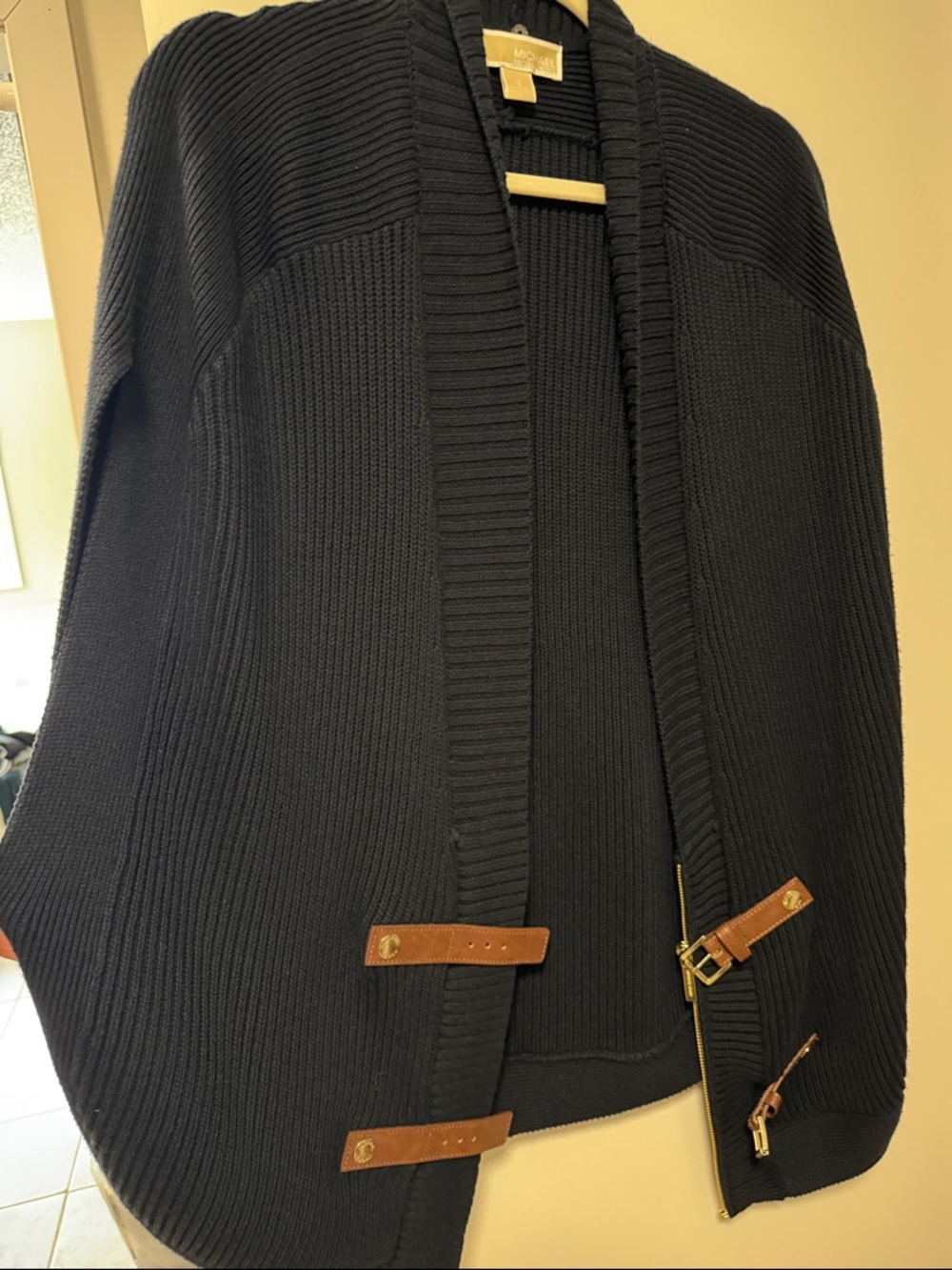 Michael Kors Navy Ribbed Knit Poncho Style Sweater with Brown Leather Accents